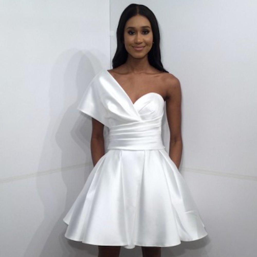 Jovani JVN Ivory A-line Short Dress One Shoulder Fit and Flare Dress